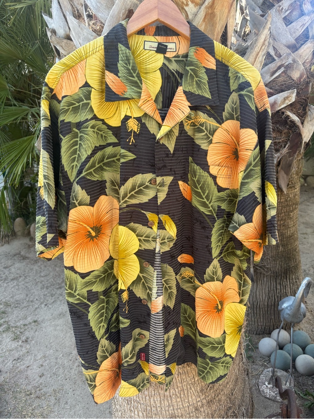 Tommy Bahama Black Shirt with Yellow & Orange Floral Print